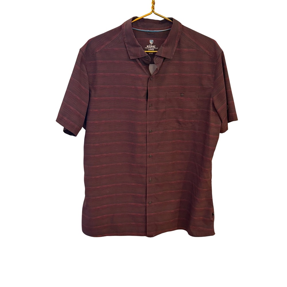 Kuhl Mens Large Short Sleeve Button Down Shirt Burgundy Striped Hiking Casual